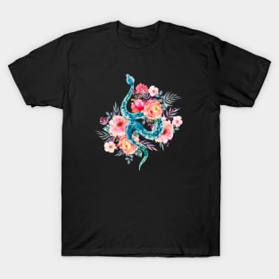 Blue Watercolor Snake In The Flower Garden T-Shirt